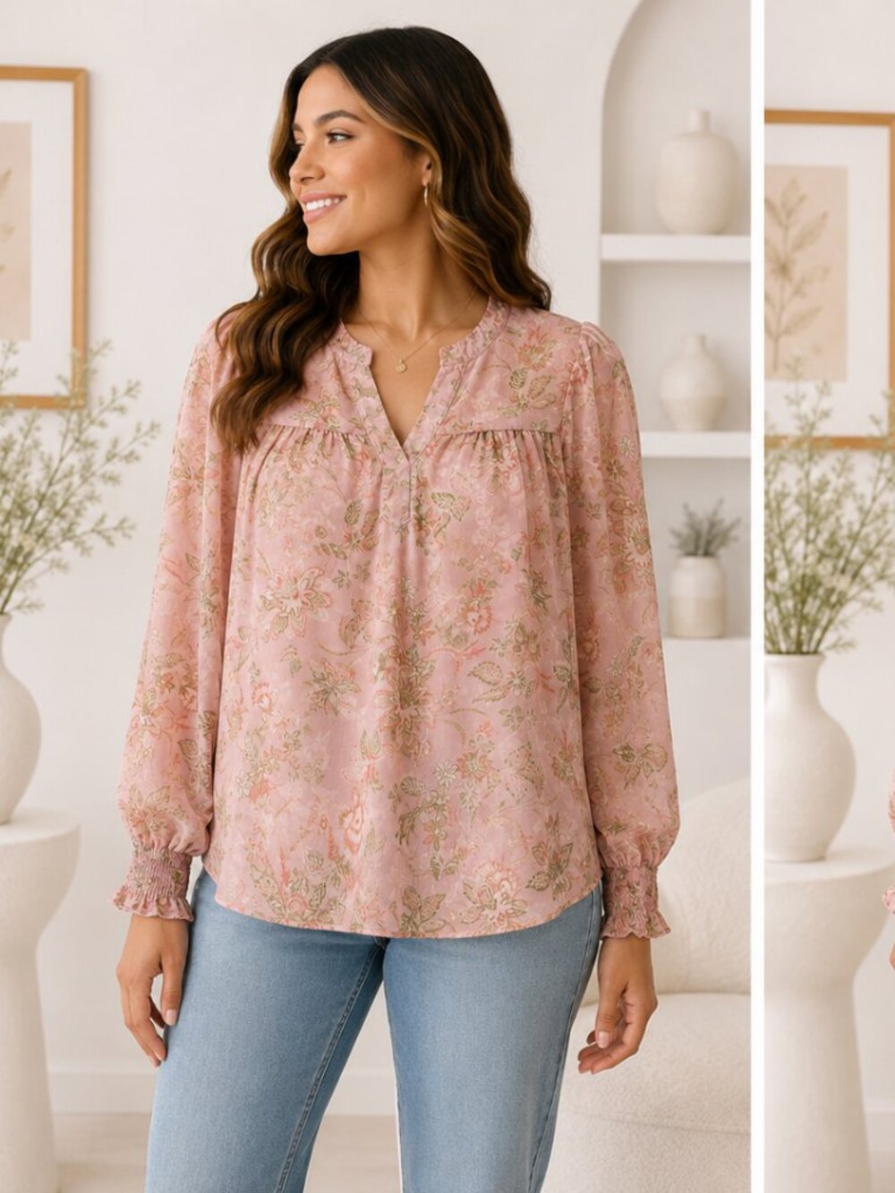 Cottagecore floral peasant blouse smocked cuff ruffle V-neck dusty pink Joie M